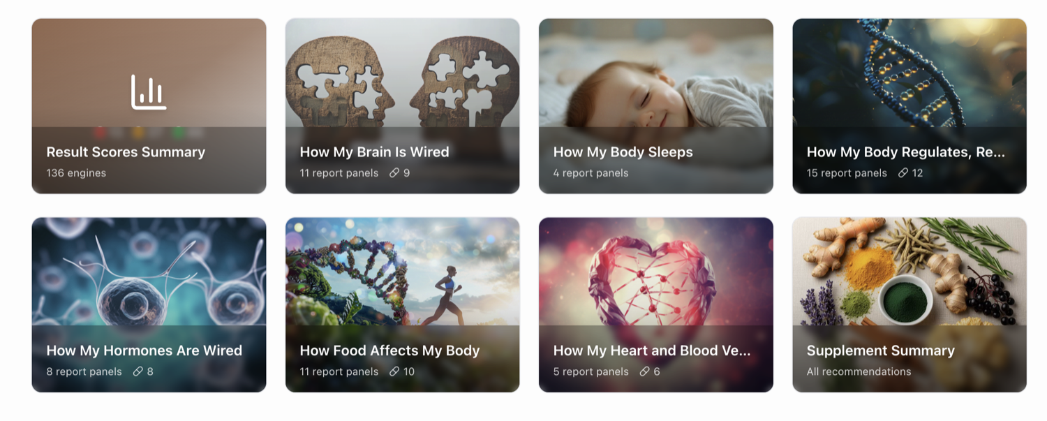 An example of your personalized portal reports: brain, sleep, hormones, heart, nutrition and more