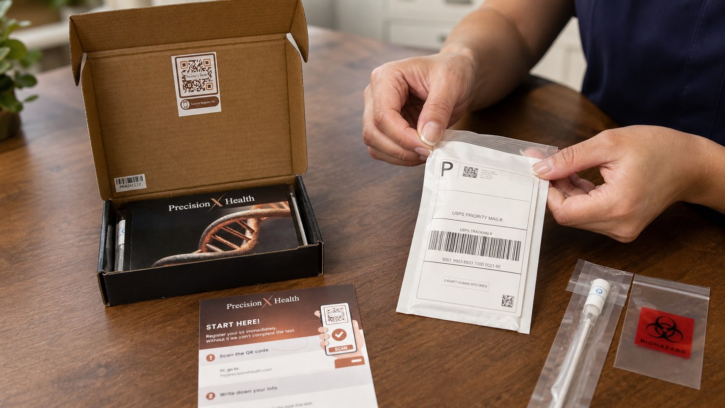 Hands sealing the prepaid return mailer at a kitchen table, with the opened kit and collection tube nearby