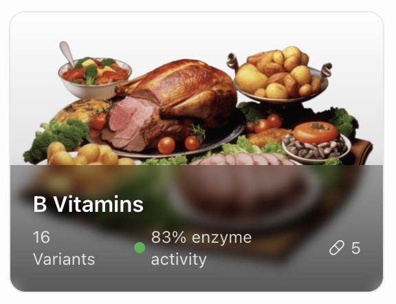 Close-up of the portal's B Vitamins card: 16 variants, 83 percent enzyme activity