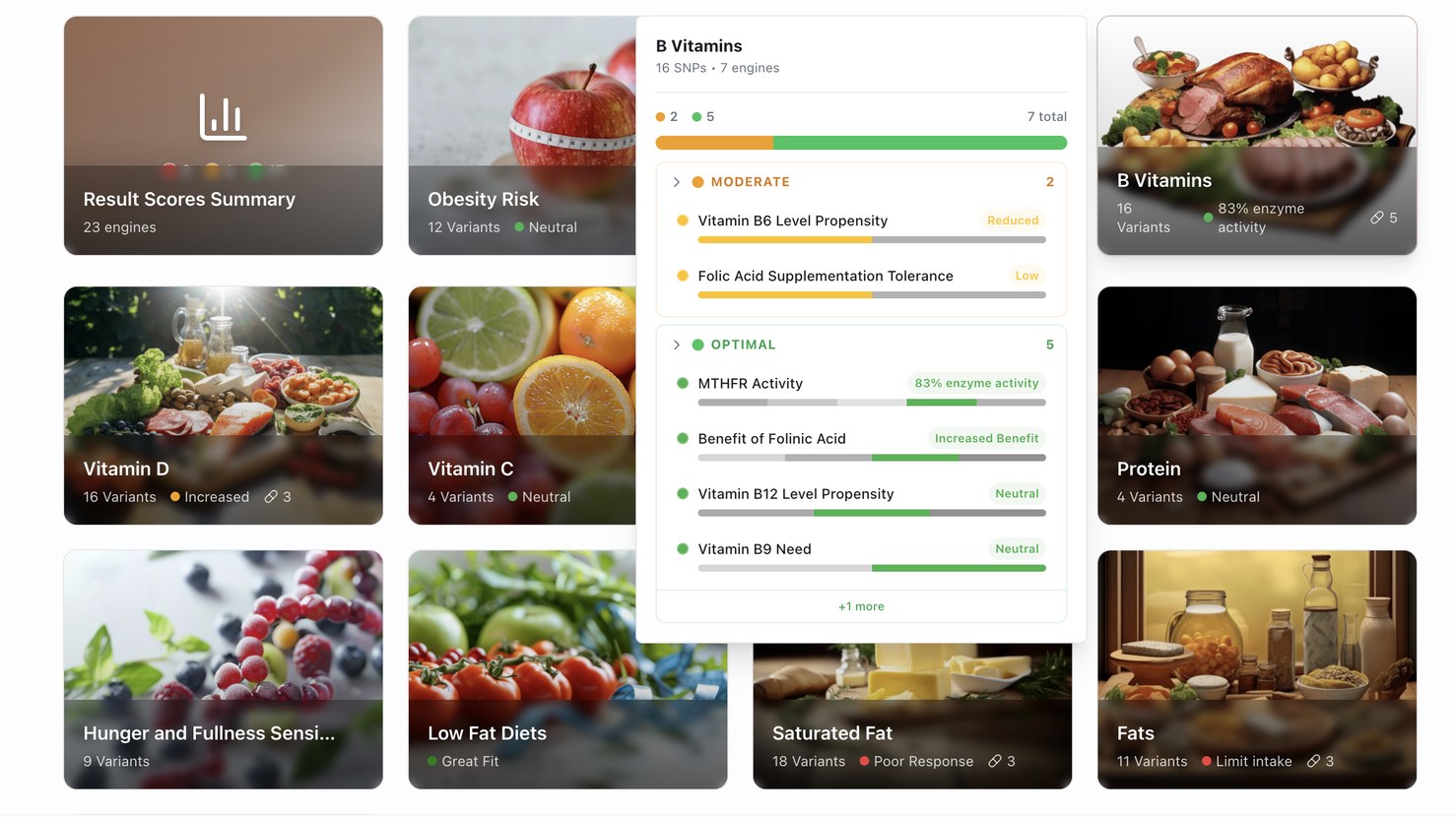 The portal's nutrition grid: cards for Vitamin D, Vitamin C, Protein, Fats and more, with the B Vitamins report open listing seven results from optimal to moderate