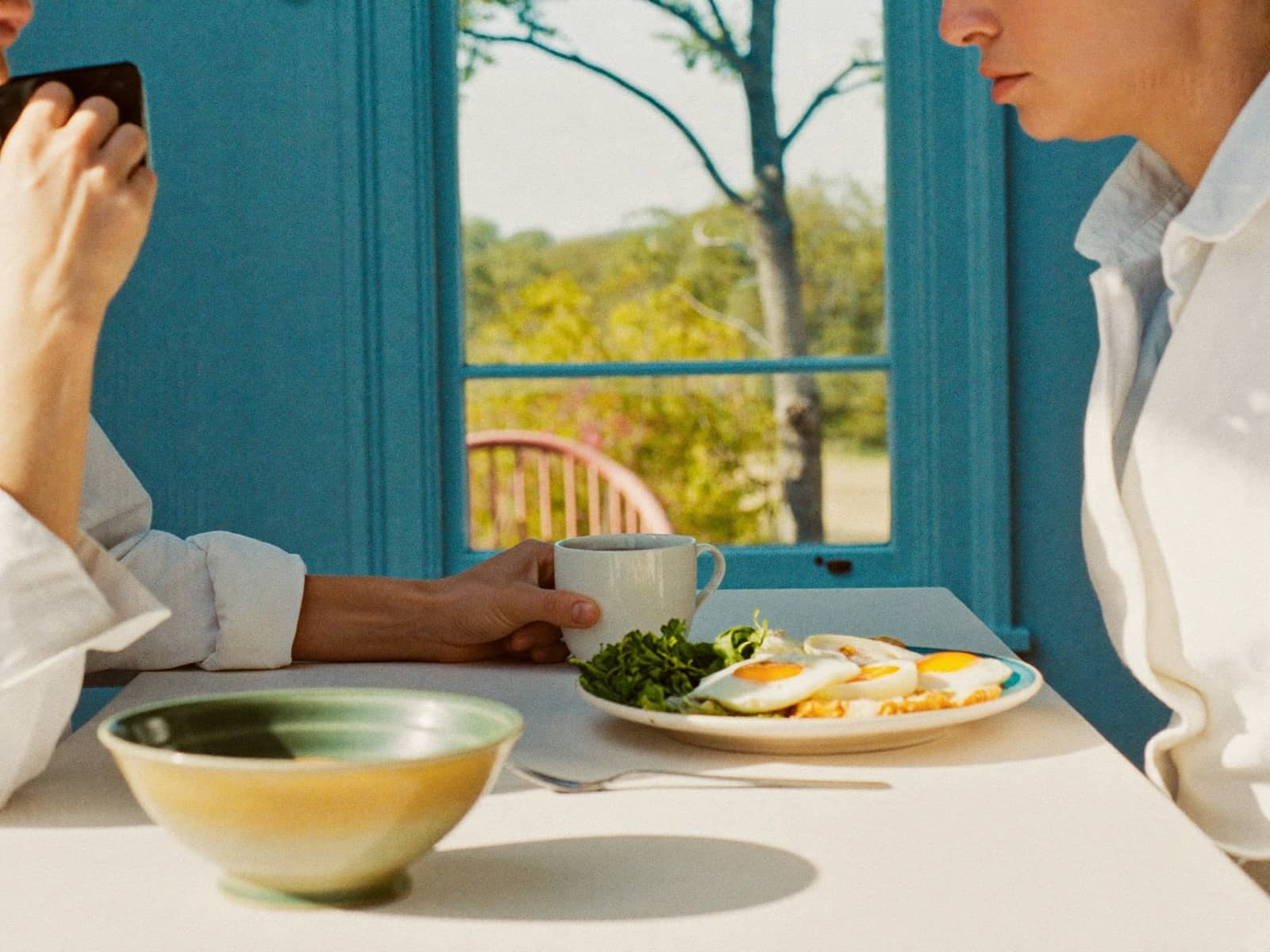 Two people at a kitchen table with coffee and breakfast, a window and a tree behind them