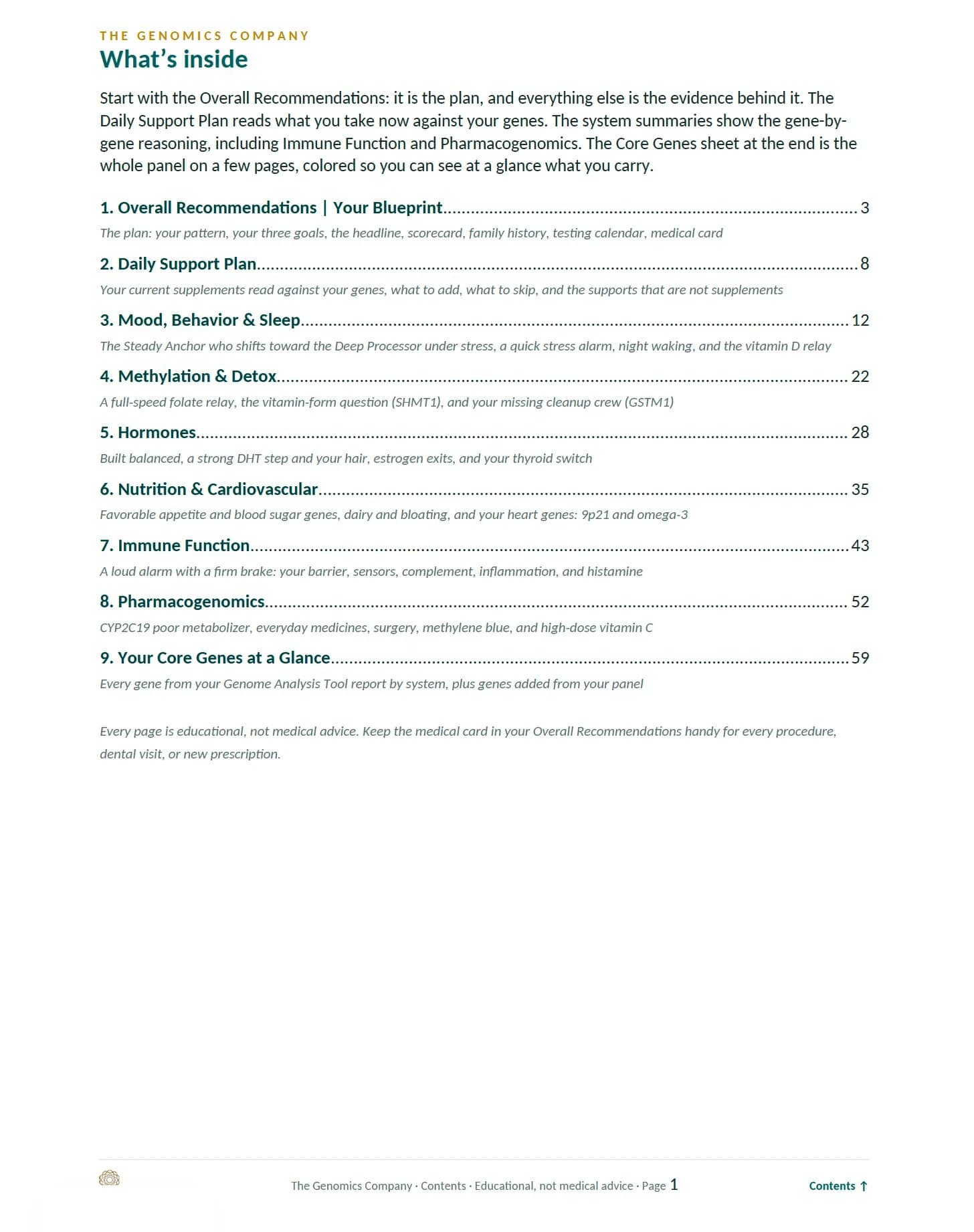 The contents page of a Complete Blueprint: nine sections from Overall Recommendations to Your Core Genes at a Glance