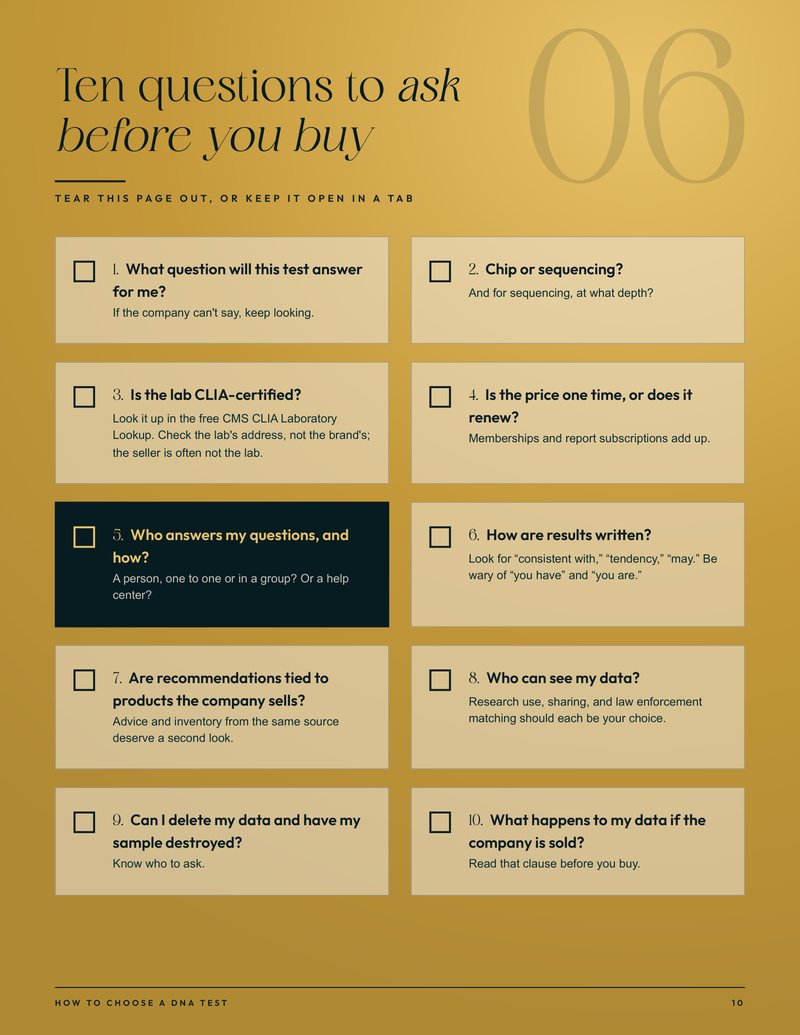 A page from How to Choose a DNA Test: ten questions to ask before you buy